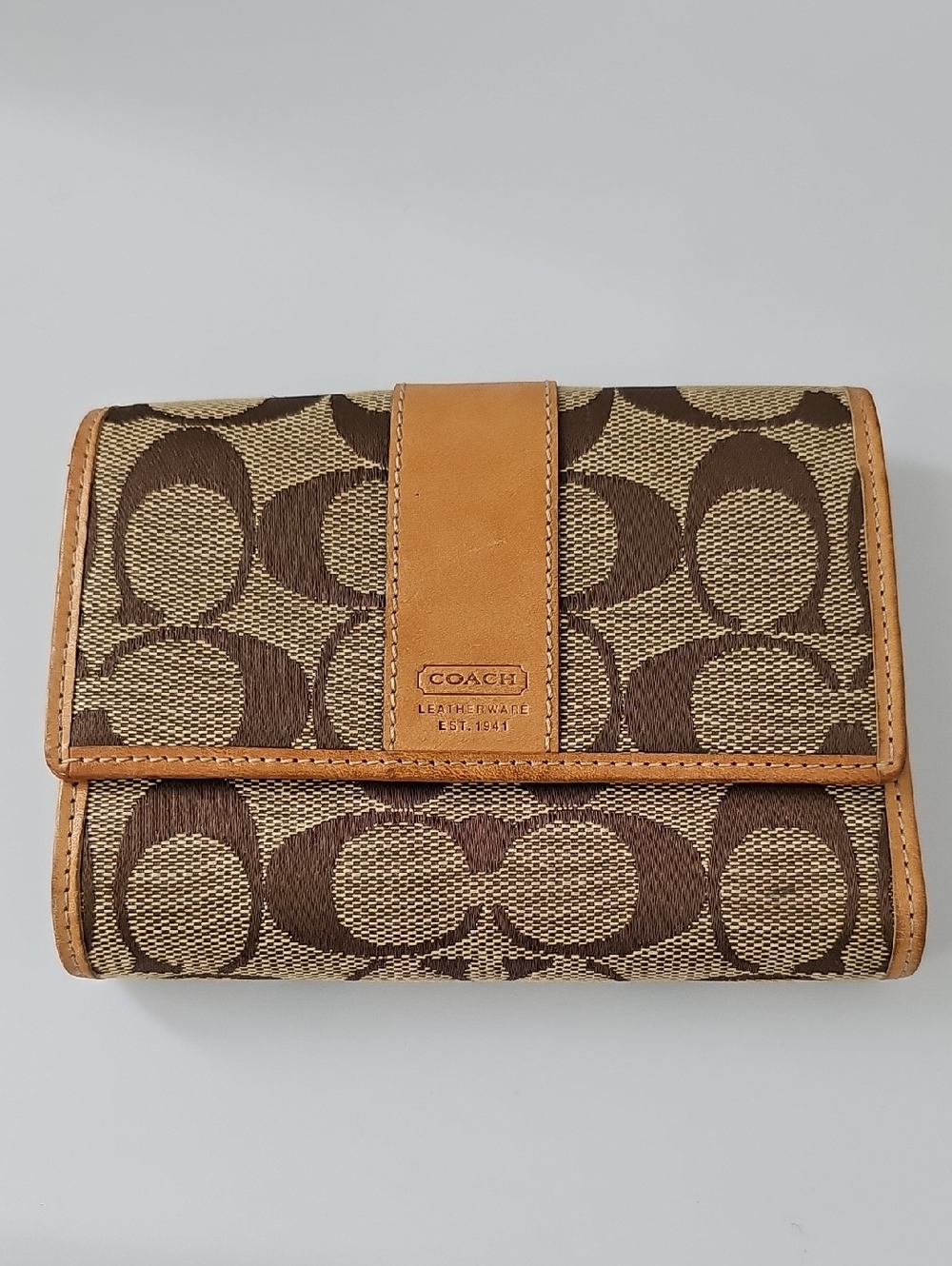 Coach Brown Signature Canvas Trifold Wallet with Tan Leather Trim